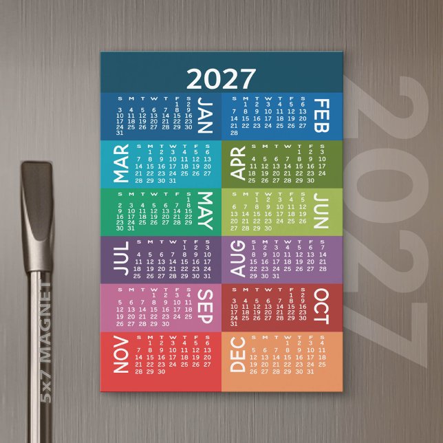 Carte Magnétique Calendrier 2027 - Année avec des mois colorés funk (2027 Calendar)