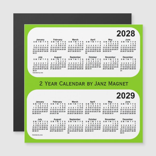 Carte Magnétique Calendrier 2028-2029 Vert Jaune 2 Année par Janz (Devant / Derrière)