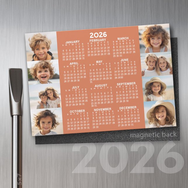 Carte Magnétique Calendrier - 8 Photos Basic Terra Cotta White Magn (2026 Calendar on a Refrigerator Magnet with a Photo Collage)
