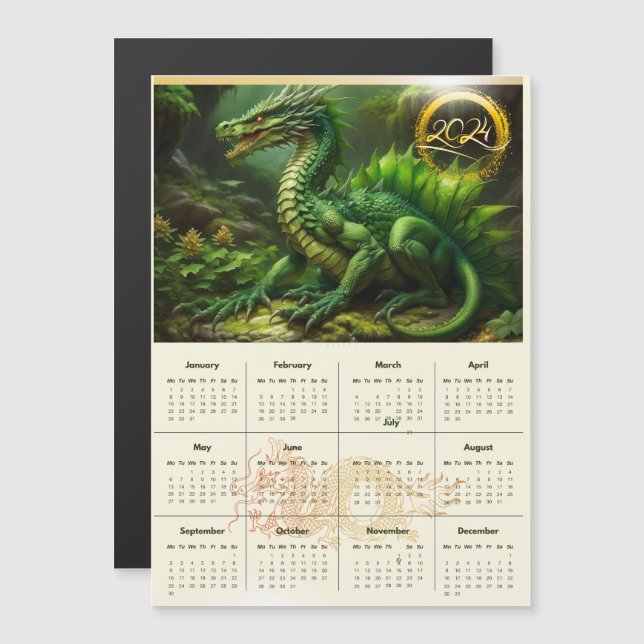 Carte Magnétique Calendrier avec dragon vert. Calendrier pour 2024 (Devant / Derrière)