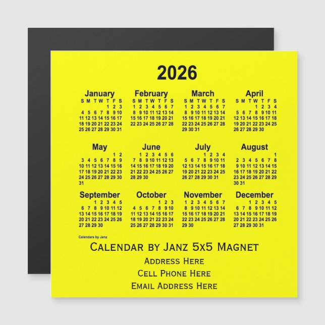 Carte Magnétique Calendrier commercial jaune 2026 par Janz (Devant / Derrière)