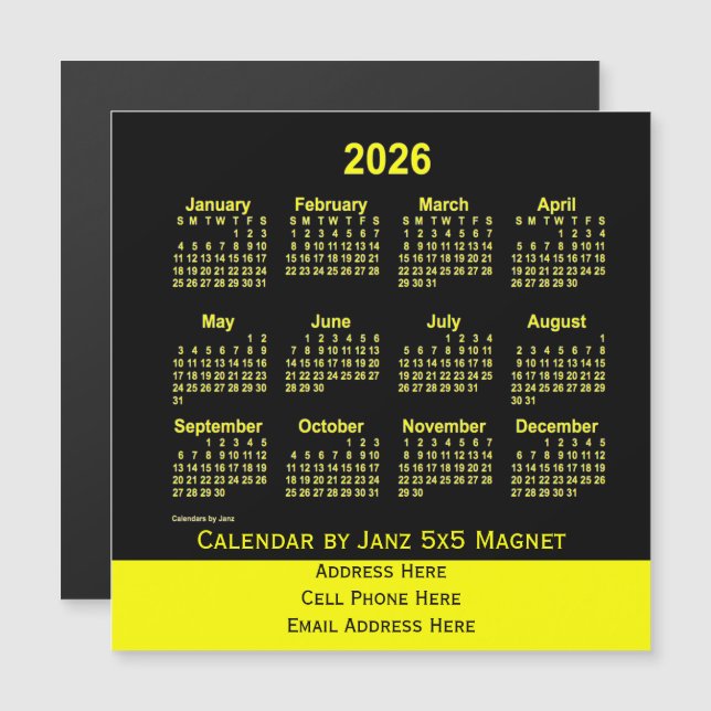 Carte Magnétique Calendrier commercial Jaune 2026 par Janz (Devant / Derrière)
