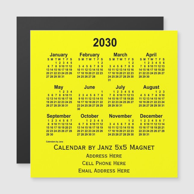 Carte Magnétique Calendrier commercial jaune 2030 par Janz (Devant / Derrière)