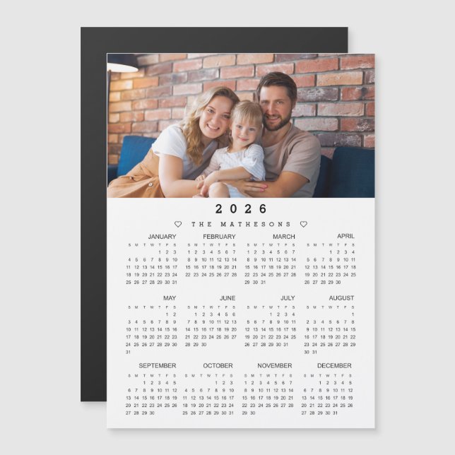 Carte Magnétique Calendrier de l'année 2026 complet avec magnétique (Devant / Derrière)