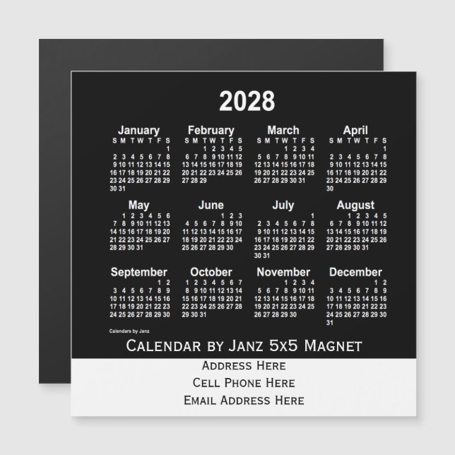 Carte Magnétique Calendrier des affaires Neon White 2028 par Janz (Devant / Derrière)