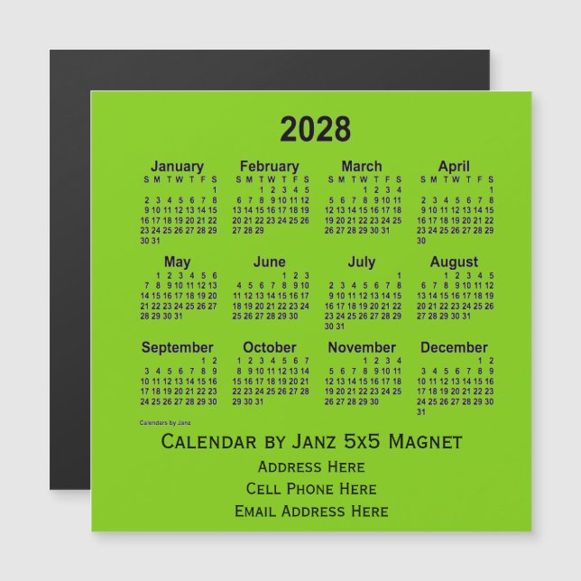 Carte Magnétique Calendrier des affaires vert jaune 2028 par Janz (Devant / Derrière)
