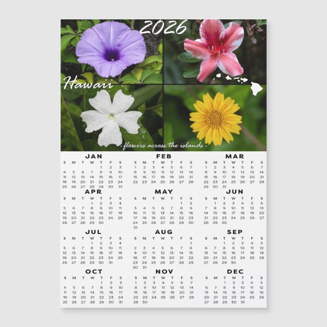 Carte Magnétique Calendrier des fleurs hawaïennes 2026 (x4 magnétiq (Devant)