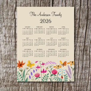 Carte Magnétique Calendrier Élégant Mignon Fleurs Sauvages Aquarell