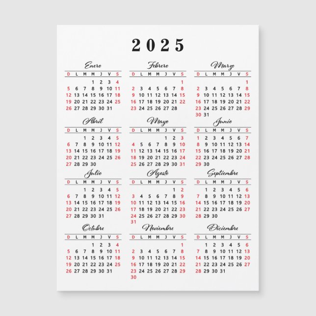 Carte Magnétique Calendrier espagnol 2025 Blanc Noir Rouge (Devant)