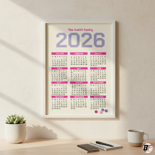 Carte Magnétique Calendrier familial annuel rose et violet moderne