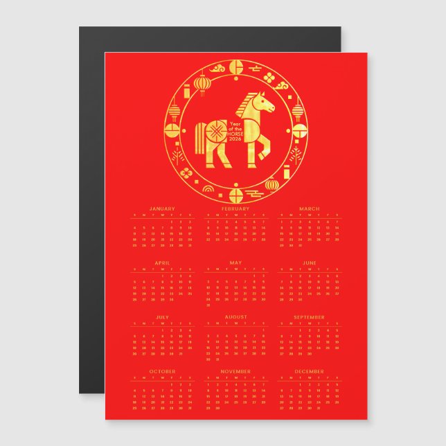 Carte Magnétique Calendrier Gold Chinois nouvelle année 2026 (Devant / Derrière)