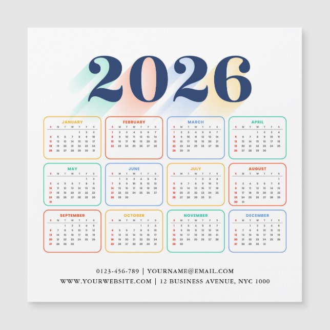 Carte Magnétique Calendrier Magnétique Personnalisé 2026 – Moderne  (Devant)