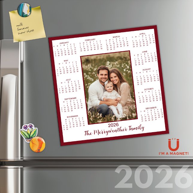 Carte Magnétique Calendrier magnétique photo 2026 du marron de Bour (2026 Burgundy Maroon Photo Magnetic Calendar)