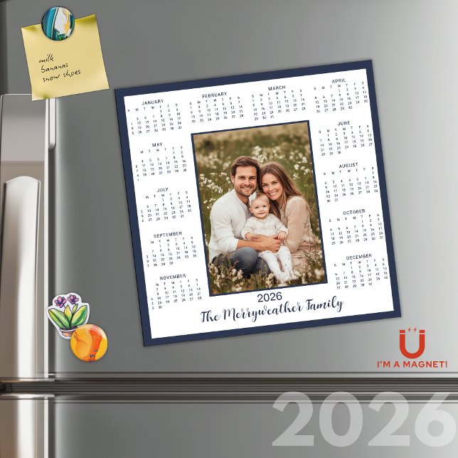 Carte Magnétique Calendrier magnétique photo bleu marine 2026 (2026 Navy Blue Photo Magnetic Calendar)