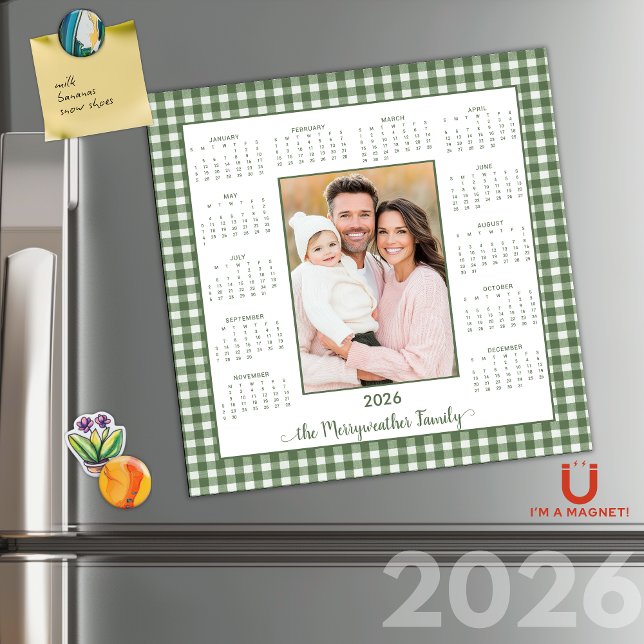 Carte Magnétique Calendrier magnétique photo En vichy vert rustique (2026 Rustic Sage Green Gingham Photo Magnetic Calendar #cottagecore)