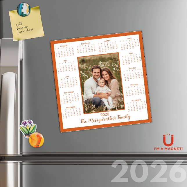 Carte Magnétique Calendrier magnétique photo orange brûlé 2026 (2026 Burnt Orange Photo Magnetic Calendar)