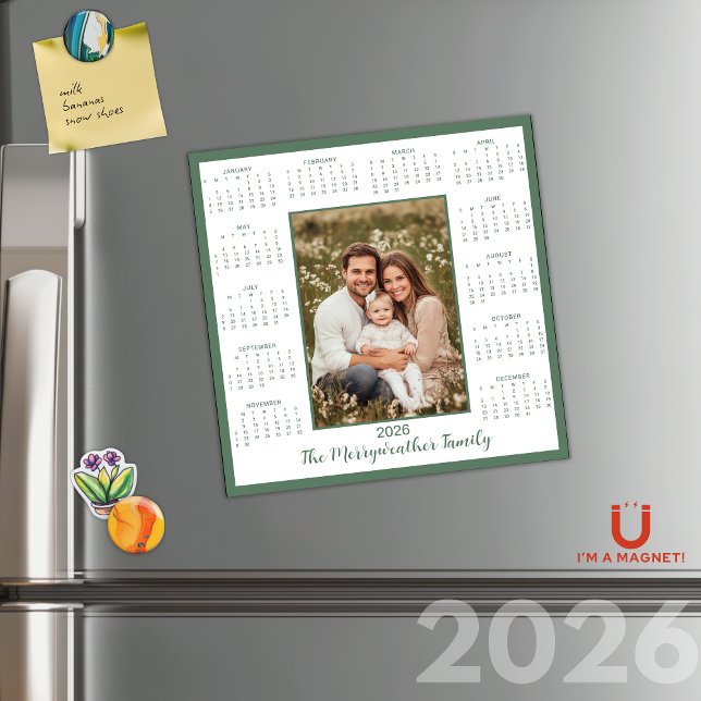 Carte Magnétique Calendrier magnétique Photo Vert 2026 Sage (2026 Sage Green Photo Magnetic Calendar)