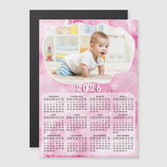 Carte Magnétique Calendrier magnétique rose 2026 Photo personnalisé (Devant / Derrière)
