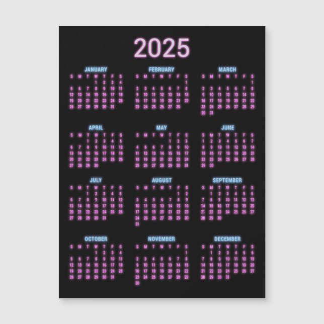 Carte Magnétique Calendrier Neon 2025 (Devant)