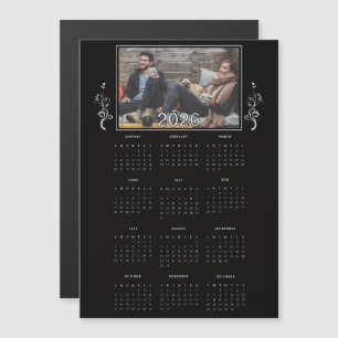 Carte Magnétique Calendrier photo de l'année 2026 noir avec feuilla