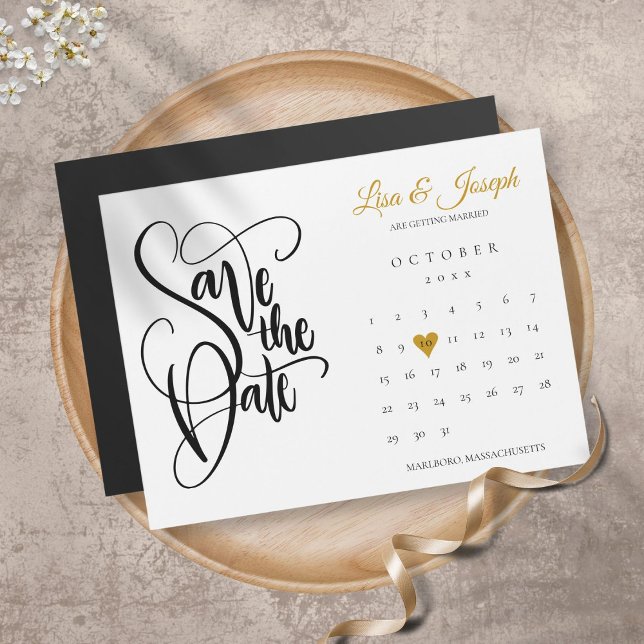 Carte Magnétique Calendrier Script Gold Heart Wedding Enregistrer l (Créateur téléchargé)