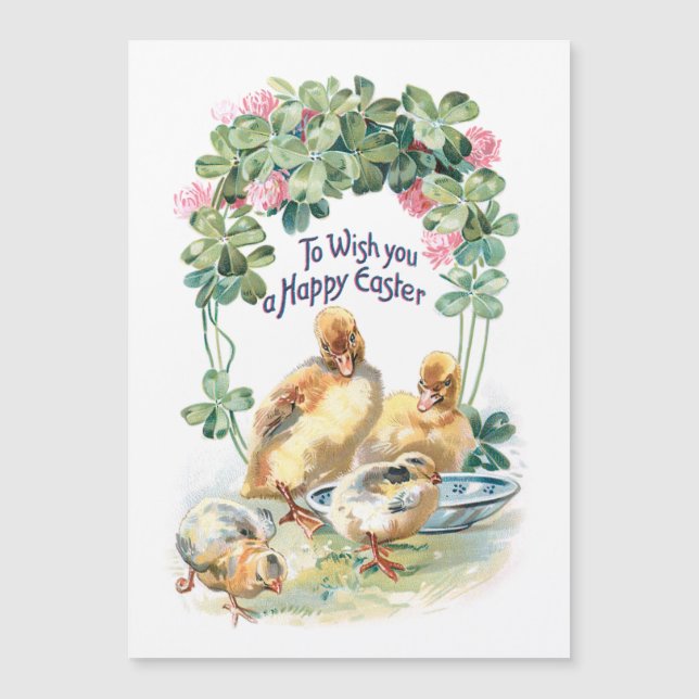 Carte Magnétique Canards, poules et trèfle de Pâques vintages (Devant)