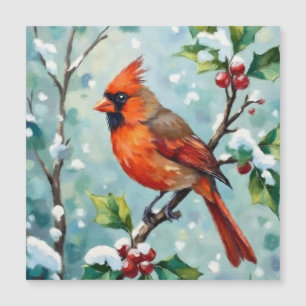 Carte Magnétique Cardinal de Noël sur une branche de houx