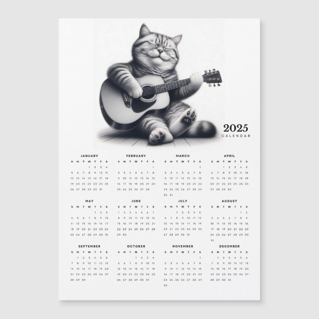 Carte Magnétique Cat Guitariste 2025 Calendrier magnétique Musical (Devant)