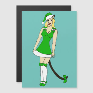 Carte Magnétique Catgirl de Noël verte