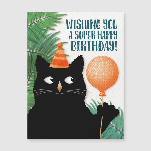 Carte Magnétique Chat avec casquette d'anniversaire, ballon et plan (Devant)