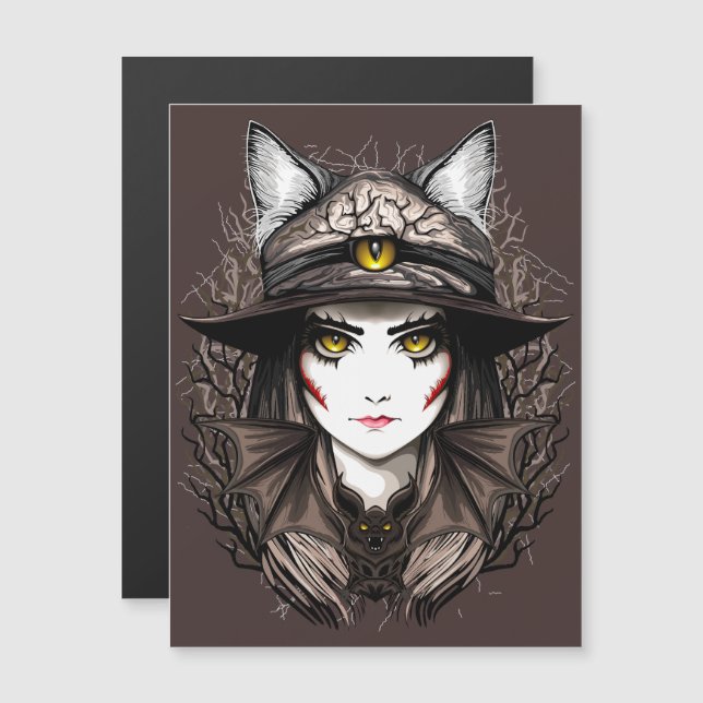 Carte Magnétique Chat de sorcière Halloween Déplaisant Portrait mig (Devant / Derrière)