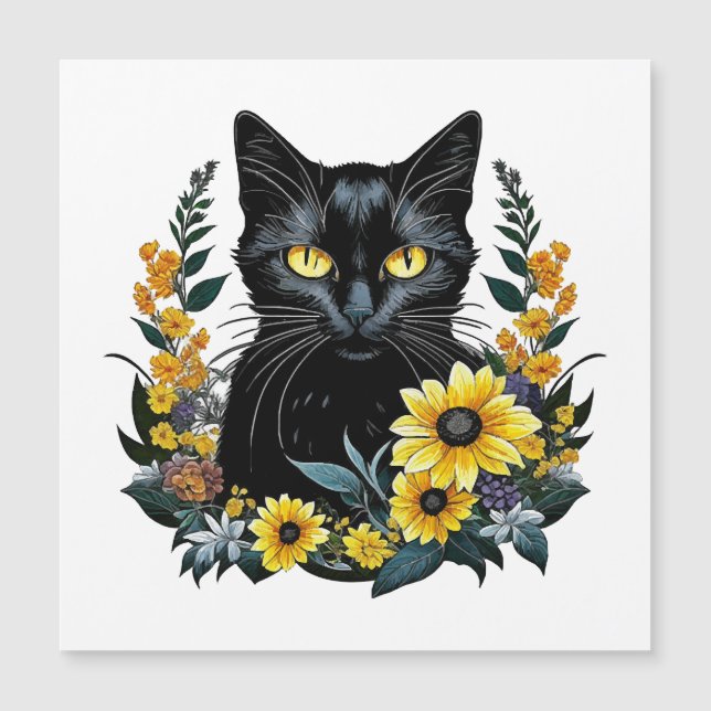 Carte Magnétique chat noir avec fleurs (Devant)