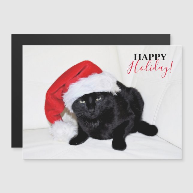 Carte Magnétique Chat noir mignon avec chapeau de Santa (Devant / Derrière)