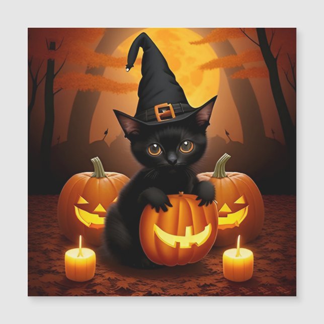 Carte Magnétique Chaton noir avec chapeau de sorcière parmi les cit (Devant)