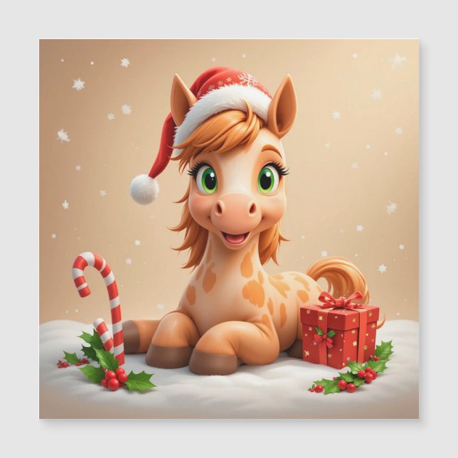 Carte Magnétique Cheval de dessin animé de Noël avec chapeau de Pèr (Devant)