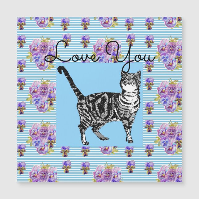 Carte Magnétique Chic Bleu Shabby Tabby Chat Amour Coeur (Devant)