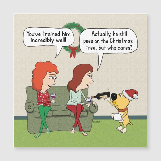 Carte Magnétique Chien mignon et amusant servant du vin à Noël (Devant)