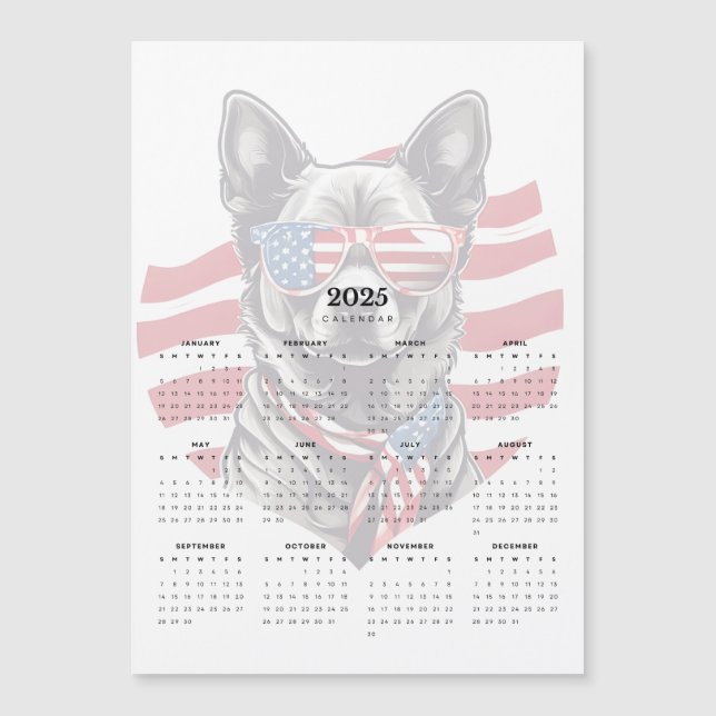 Carte Magnétique Chien patriotique rouge blanc bleu 2025 Calendrier (Devant)