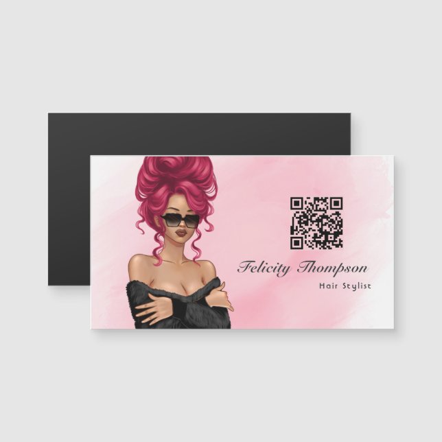 Carte Magnétique Code QR de coiffeur rose chic (Devant / Derrière)