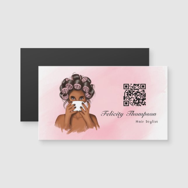 Carte Magnétique Code QR de coiffeur rose chic (Devant / Derrière)