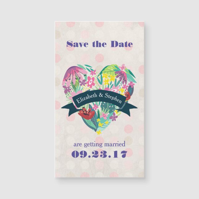 Carte Magnétique Coeur floral aux fleurs tropicales Sauvez la date (Devant)