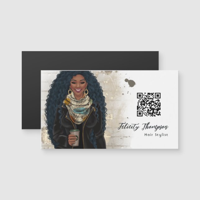 Carte Magnétique Coiffure de mode de la reine noire QR Code (Devant / Derrière)