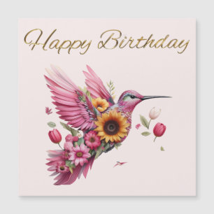 Carte Magnétique Colibri volant avec des fleurs Joyeux Anniversaire