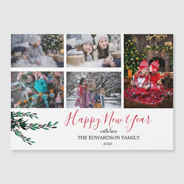 Carte Magnétique Collage familial rustique Bonne année magnétique (Devant)
