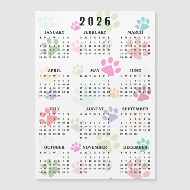Carte Magnétique Colorful Paw Prints 2026 Calendar Magnetic Card (Devant)