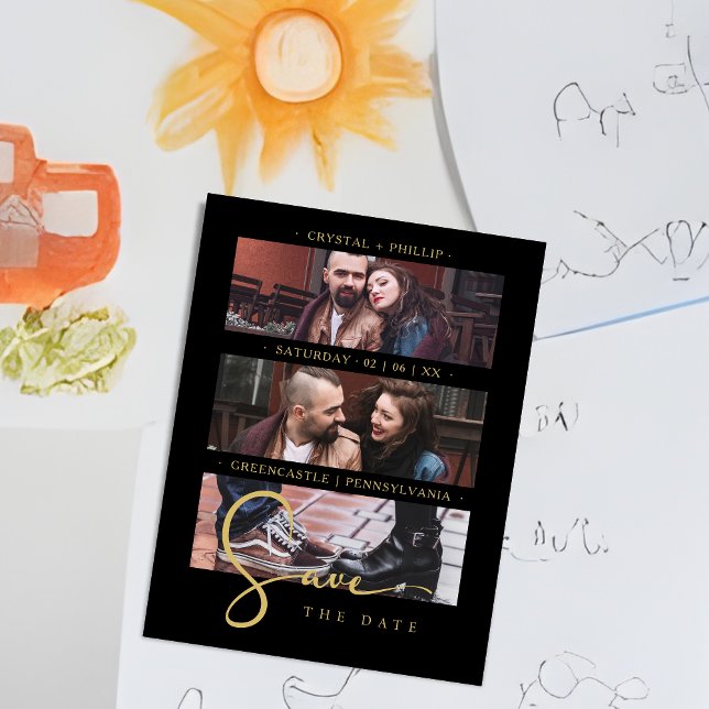 Carte Magnétique Cool Black Golden Romantic Wedding 3 Multi Photos (Cool Black Golden Romantic Wedding 3 Multi Photos Wedding Save the Date Magnet)
