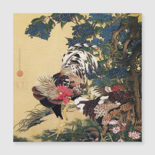 Carte Magnétique Coq Poule et Hydrangea par Ito Jakuchu