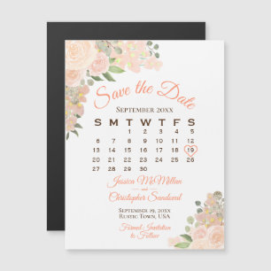 Carte Magnétique Coral Peach Roses Enregistrer la date Calendrier M