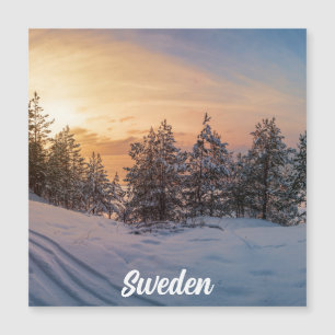 Carte Magnétique Coucher de soleil sur une forêt de neige gelée prè