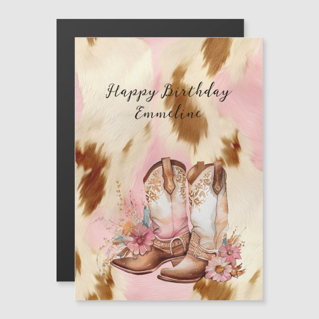 Carte Magnétique Cowgirl Crème rose Brown Casquette et bottes (Devant / Derrière)